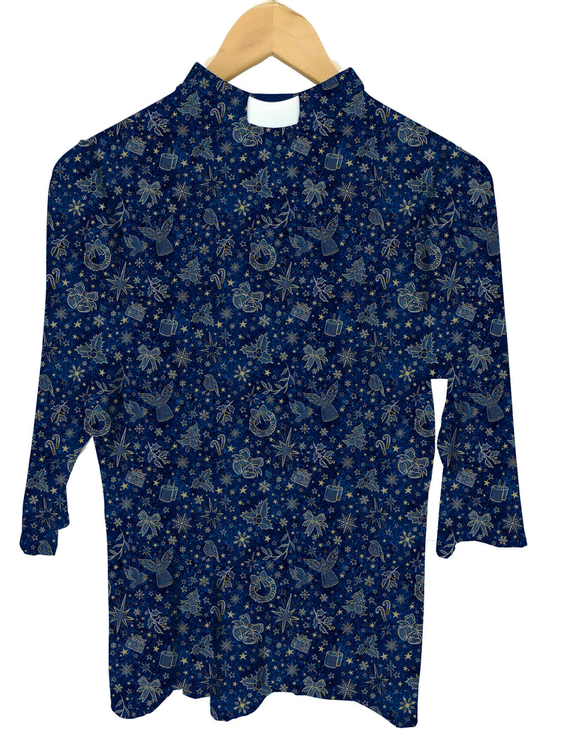 Lotties Eco Baptism & Communion Dresses Angels Navy Print 190gm Tailored Womens Bamboo Clergy SLEEVED Top