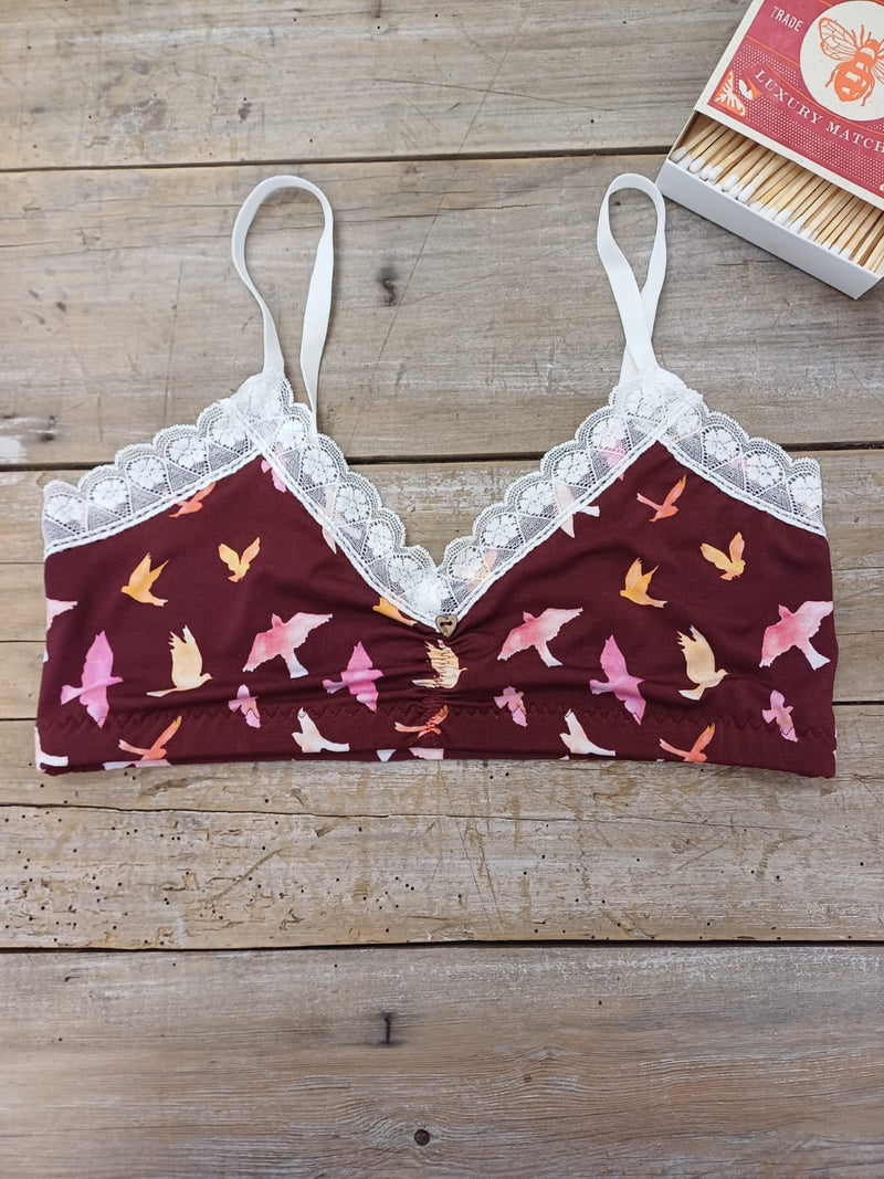 Lotties Eco Bras Burgundy Watercolour & White Lace Womens Bamboo Plunge Croptop