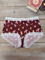 Lotties Eco Knickers Burgundy Watercolor & White Lace Womens Hi-Waist Bamboo Knicker