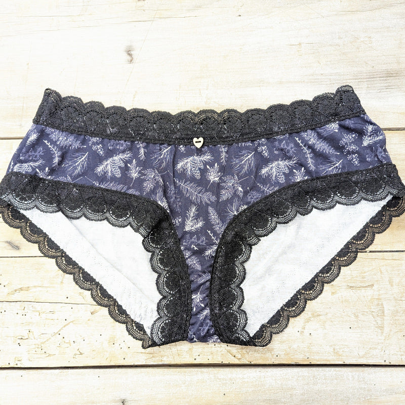 Lotties Eco Knickers Indigo Spruce Print & Black Lace Womens Bamboo Hipster Knickers