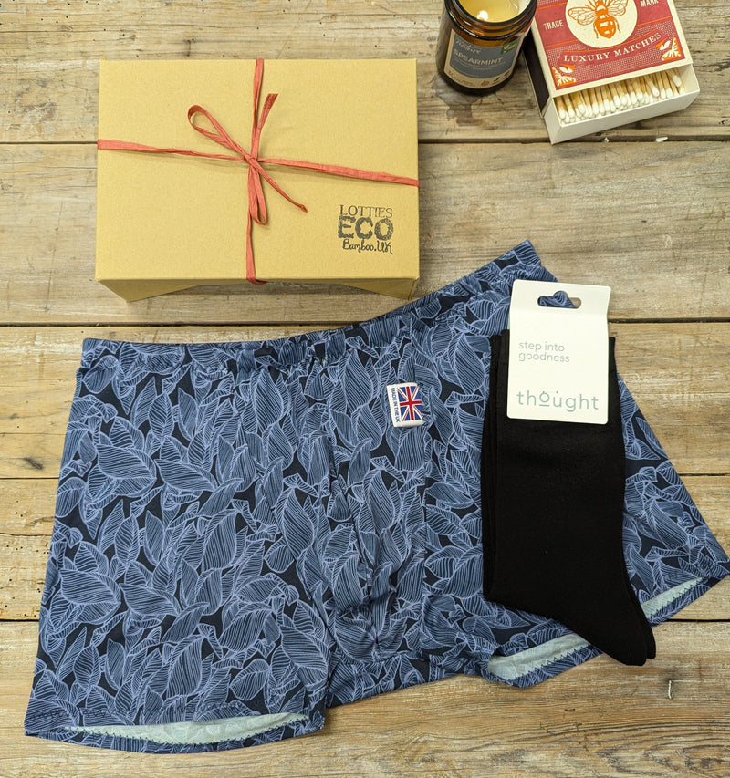 Lotties Eco Mens Boxer Blue Leaf/Black Socks Giftbox Men's Bamboo Boxer & Socks