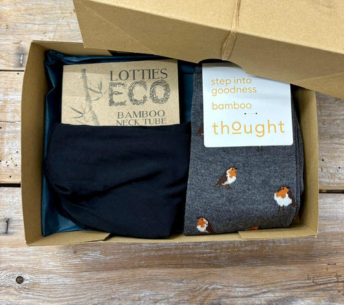 Lotties Eco Socks Black snood & robin socks Mens Giftbox Snood & Sock set