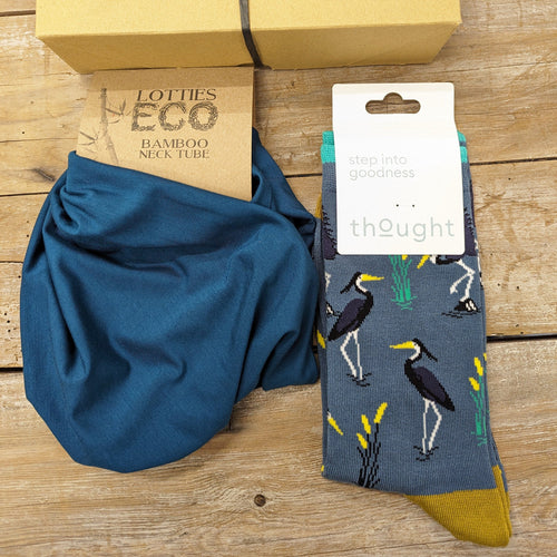 Lotties Eco Socks Emerald Snood & bird socks / Standard - Gift-wrapped in a box with raffia bow and tissue paper inside Mens Giftbox Snood & Sock set