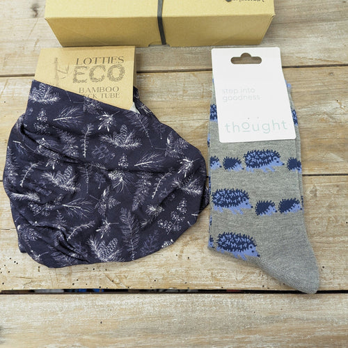 Lotties Eco Socks Indigo Spruce & Hedgehog Socks Womens Giftbox Snood & Sock set