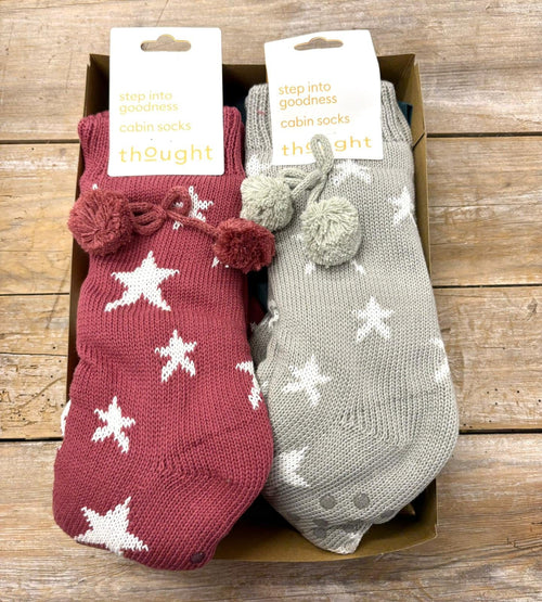 Thought Socks Rose Red & Silver Stars Women's Giftbox 2pk Thought Cosy Cabin Socks UK 4-7