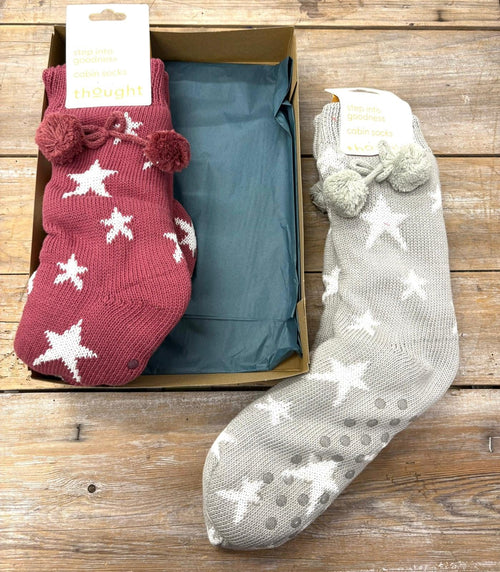Thought Socks Rose Red & Silver Stars Women's Giftbox 2pk Thought Cosy Cabin Socks UK 4-7