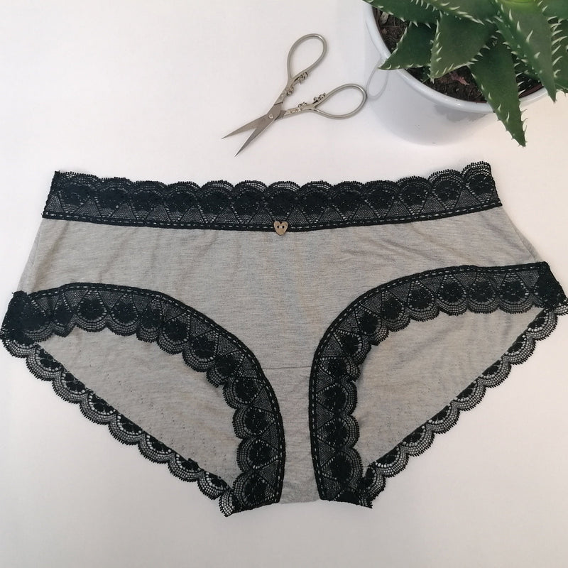 All the colours Knickers Lt Grey & Black Lace Hipster Bamboo Knickers